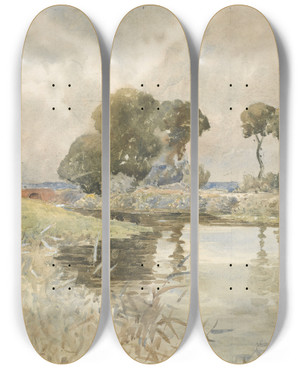Triptych art skateboard deck of William James Mller Landscape With River by William James Muller (1812-1845)