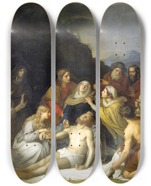 Triptych art skateboard deck of Cornelis Kruseman The Entombment by Cornelis Kruseman (1797-1857)
