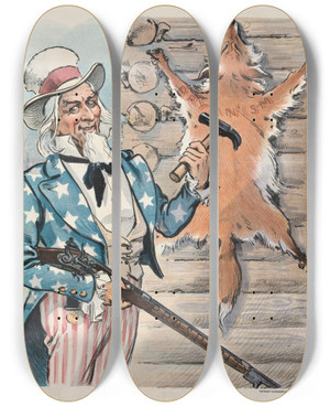Triptych art skateboard deck of Udo Keppler Another Cause For Thanksgiving by Udo Keppler (1872-1956)
