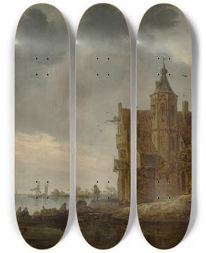 Triptych art skateboard deck of Jan Van Goyen Country House Near The Water by Jan Van Goyen (1596-1656)