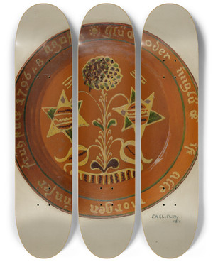 Triptych art skateboard deck of Eugene Shellady Pennsylvania German Dish by Eugene Shellady