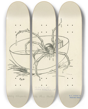 Triptych art skateboard deck of Leonard Leslie Brooke There Came A Big Spider by Leonard Leslie Brooke (1862-1940)