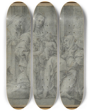 Triptych art skateboard deck of Bartolomeo Cesi Holy Family With Saint John The Baptist Adored By An Unidentified Figure by Bartolomeo Cesi (1556-1629)