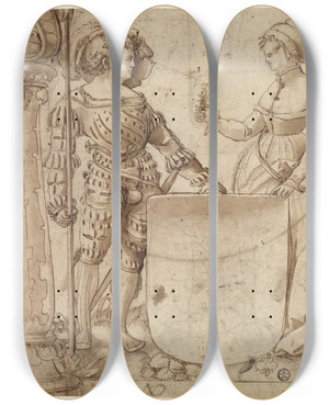 Triptych art skateboard deck of Niklaus Manuel Schildbegleiterpaar Mit Leerem Wappenschild by Niklaus Manuel (1484-1530)