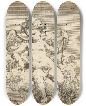 Triptych art skateboard deck of Isaac Fuller Putto Holding A Torch by Isaac Fuller (1606-1672)