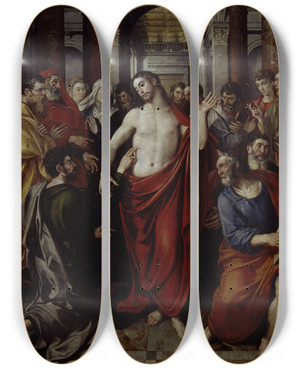 Triptych art skateboard deck of Maerten De Vos The Incredulity Of Thomas by Maerten De Vos (1532-1603)