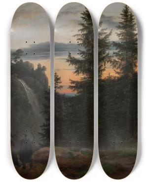 Triptych art skateboard deck of Johan Christian Dahl Two Men Before A Waterfall At Sunset by Johan Christian Dahl (1788-1857)