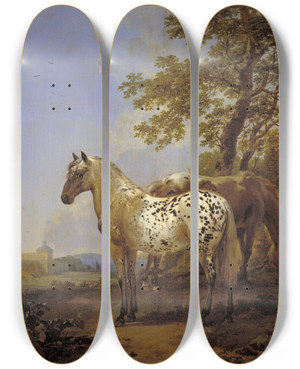 Triptych art skateboard deck of Nicolaes Pietersz Berchem Two Horses In A Landscape by Nicolaes Pietersz Berchem (1620-1683)