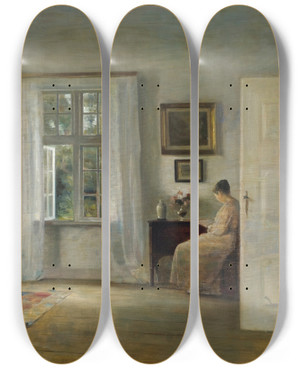 Triptych art skateboard deck of Carl Holse The Reader by Carl Holsoe (1863-1935)
