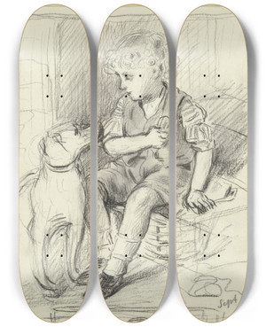 Triptych art skateboard deck of Otto Scholderer Sitzender Knabe Mit Sitzendem Hund_2 by Otto Scholderer (1834-1902)