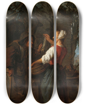 Triptych art skateboard deck of Gabriel Metsu The Herringseller by Gabriel Metsu (1629-1667)
