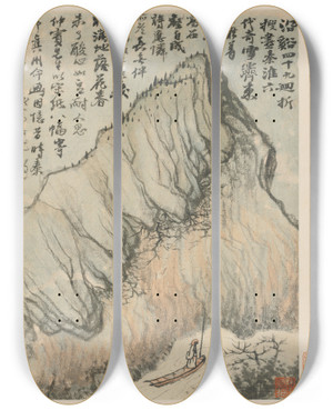 Triptych art skateboard deck of Shitao Reminiscences Of Qinhuai River Pl1 by Shitao (1642-1707)