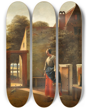 Triptych art skateboard deck of Pieter De Hooch A Maid With A Bucket In A Backyard by Pieter De Hooch (1629-1684)