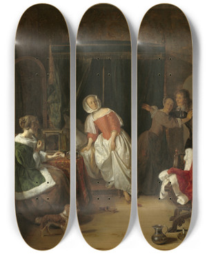 Triptych art skateboard deck of Gabriel Metsu The Intruder by Gabriel Metsu (1629-1667)