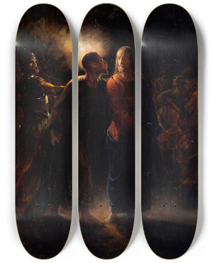 Triptych art skateboard deck of Wilhelm Marstrand Kiss Of Judas by Wilhelm Marstrand (1810-1873)