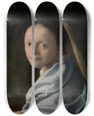 Triptych art skateboard deck of Johannes Vermeer Study Of A Young Woman by Johannes Vermeer (1632-1675)
