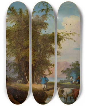 Triptych art skateboard deck of George Chinnery A Landscape In Macau With A Herdsman And Cattle Watering A Stand Of Bamboo Beyond by George Chinnery (1774-1852)