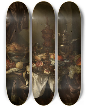 Triptych art skateboard deck of Abraham Van Beyeren Prunkstillleben by Abraham Van Beyeren (1620-1690)