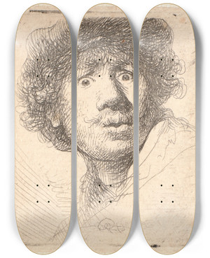 Triptych art skateboard deck of Rembrandt Van Rijn Rembrandt In A Cap Open Mouthed And Staring Bust In Outline by Rembrandt Van Rijn (1606-1669)