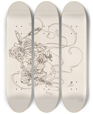Triptych art skateboard deck of Flix Bracquemond Assiette Chevrefeuille by Felix Bracquemond (1833-1914)