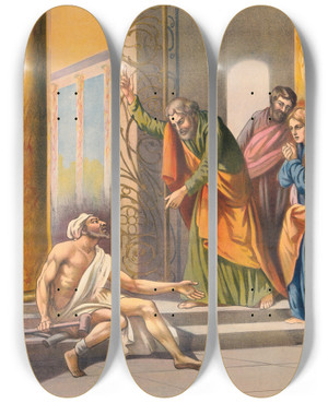 Triptych art skateboard deck of Stecher Litho Co Peter And John In The Temple by Stecher Litho Co (1871)