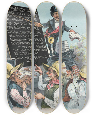 Triptych art skateboard deck of John Samuel Pughe The Financial Fakir Fooling The Farmers by John Samuel Pughe (1870-1909)