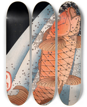 Triptych art skateboard deck of Yashima Gakutei Carp Swimming Up A Waterfall by Yashima Gakutei (1786-1868)