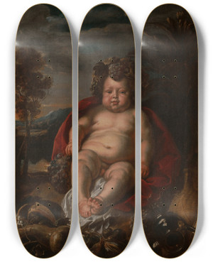 Triptych art skateboard deck of Jacob Jordaens Bacchus As A Child by Jacob Jordaens (1593-1678)