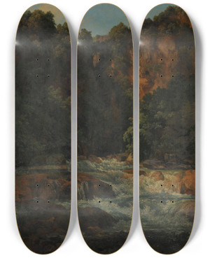 Triptych art skateboard deck of Jacquesraymond Brascassat Cascade Et Rochers by Jacques Raymond Brascassat (1804-1867)