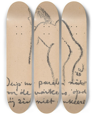Triptych art skateboard deck of Erich Wichmann Voorovergebogen Naakte Figuur by Erich Wichmann (1890-1929)