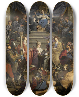 Triptych art skateboard deck of Theodoor Rombouts Allegory Of The Court Of Justice Of Gedele In Ghent by Theodoor Rombouts (1597-1637)