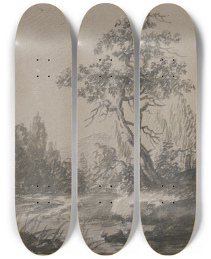 Triptych art skateboard deck of Johann Ludwig Ernst Morgenstern Landschaft Mit Zwei Bumen Am Wasser by Johann Ludwig Ernst Morgenstern (1738-1819)