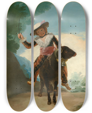 Triptych art skateboard deck of Francisco De Goya Boy On A Ram by Francisco de Goya (1746-1828)