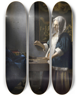 Triptych art skateboard deck of Johannes Vermeer Woman Holding A Balance by Johannes Vermeer (1632-1675)