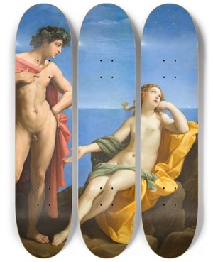 Triptych art skateboard deck of Guido Reni Bacchus And Ariadne by Guido Reni (1575-1642)