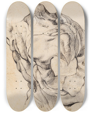 Triptych art skateboard deck of Willem Panneels Anatomical Study Corch Torso Of A Flayed Man Seen From The Back Half Turned To The Right by Willem Panneels (1600-1634)