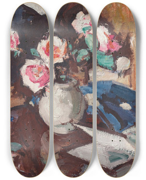 Triptych art skateboard deck of Samuel John Peploe Pink Roses In A Vase by Samuel John Peploe (1871-1935)