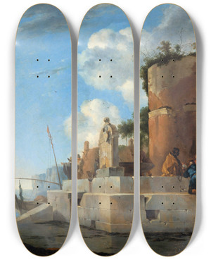 Triptych art skateboard deck of Jan Asselijn A Coastal Ruin In Italy by Jan Asselijn (1610-1652)