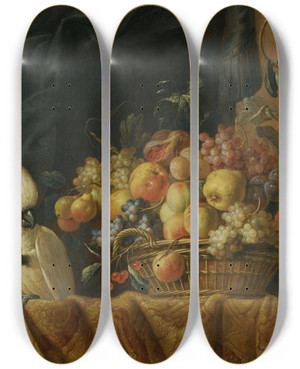 Triptych art skateboard deck of Jan Pauwel Gillemans The Younger A Stilllife Offigs Grapes Apples And Other Fruit On A Table With A Parrot by Jan Pauwel Gillemans The Younger (1651-1704)