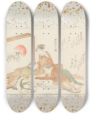 Triptych art skateboard deck of Shunman Kubo Women Enjoying A New Year Surimono by Kubo Shunman