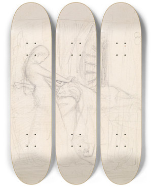 Triptych art skateboard deck of Sir John Everett Millais Tennysons The Sisters Figure Sketch_1 by Sir John Everett Millais (1829-1896)