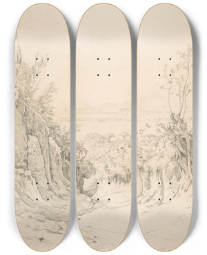 Triptych art skateboard deck of Robert Kummer A View Of Pozzuoli Seen From The Northeast by Robert Kummer (1810-1889)
