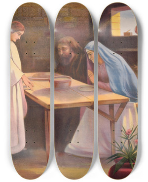 Triptych art skateboard deck of Stecher Litho Co Jesus And His Home At Nazareth by Stecher Litho Co (1871)