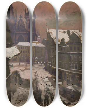 Triptych art skateboard deck of Gustav Macoun A View Of Old Town Square by Gustav Macoun (1892-1934)