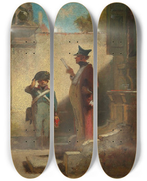 Triptych art skateboard deck of Carl Spitzweg Der Platzkommandant by Carl Spitzweg (1808-1880)
