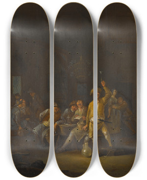 Triptych art skateboard deck of Egbert Van Heemskerck The Younger A Tavern Interior With Peasants Drinking And Singing by Egbert van Heemskerck the Younger (1676-1744)