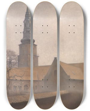 Triptych art skateboard deck of Vilhelm Hammershi St Peters Church Copenhagen by Vilhelm Hammershoi (1864-1916)
