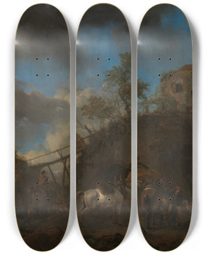 Triptych art skateboard deck of Philips Wouwerman Blacksmith Shoeing A Horse by Philips Wouwerman (1619-1668)