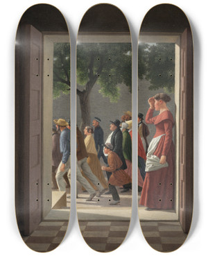 Triptych art skateboard deck of Christoffer Wilhelm Eckersberg View Through A Door To Running Figures by Christoffer Wilhelm Eckersberg (1783-1853)