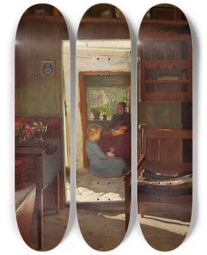 Triptych art skateboard deck of Gustav Vermehren En Lille Pige Og Hendes Bedstemoder I En Drbning by Gustav Vermehren (1863-1931)
